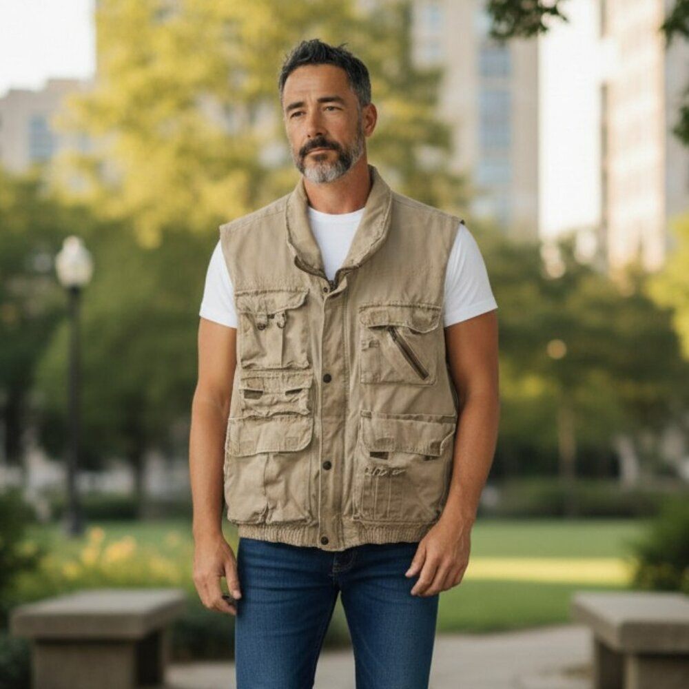 Vintage Saugatuck Medium Beige Snap Zip Front Cargo Pockets Safari Vest Size M